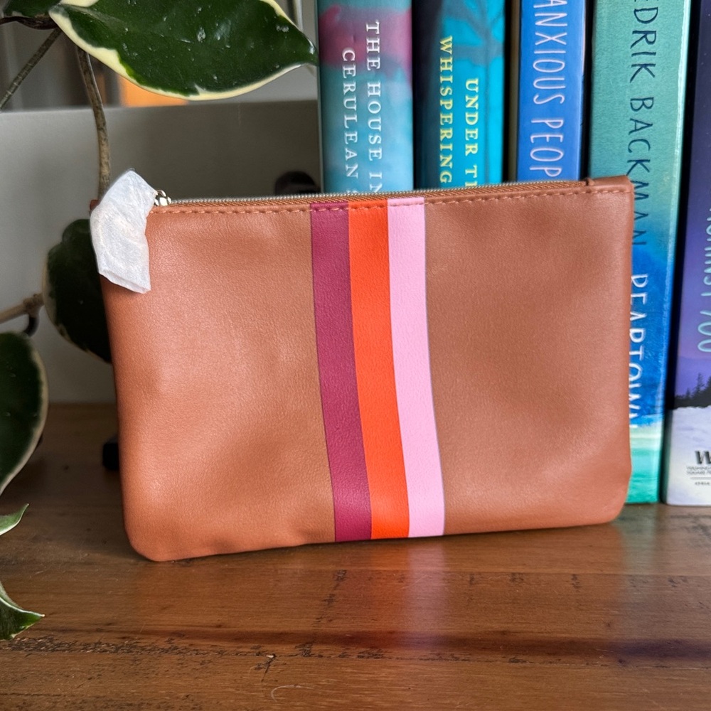 Ipsy August 2025 Stylish Tan Clutch with Multicolor Stripes